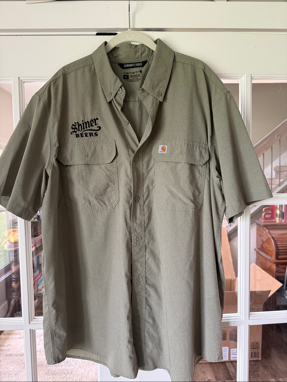 Carhartt Short-Sleeve Work Shirt in Pale Olive with Shiner Beers Logo XL